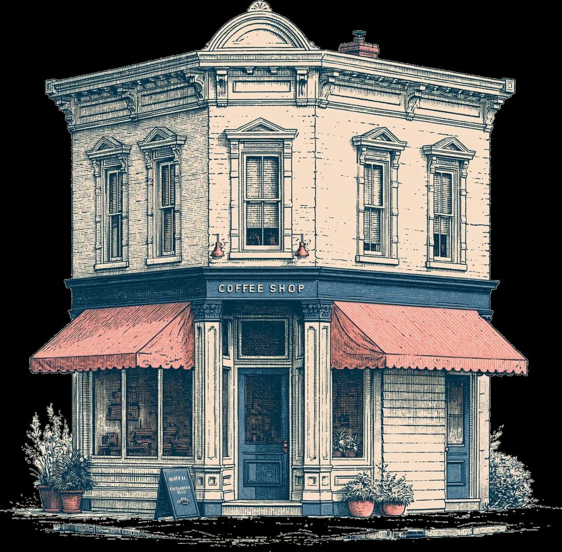 An independent local storefront, drawn as a line-engraving plate