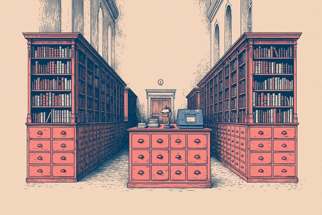 A records hall — shelves of ledgers and a registrar’s desk, drawn in fine ink linework