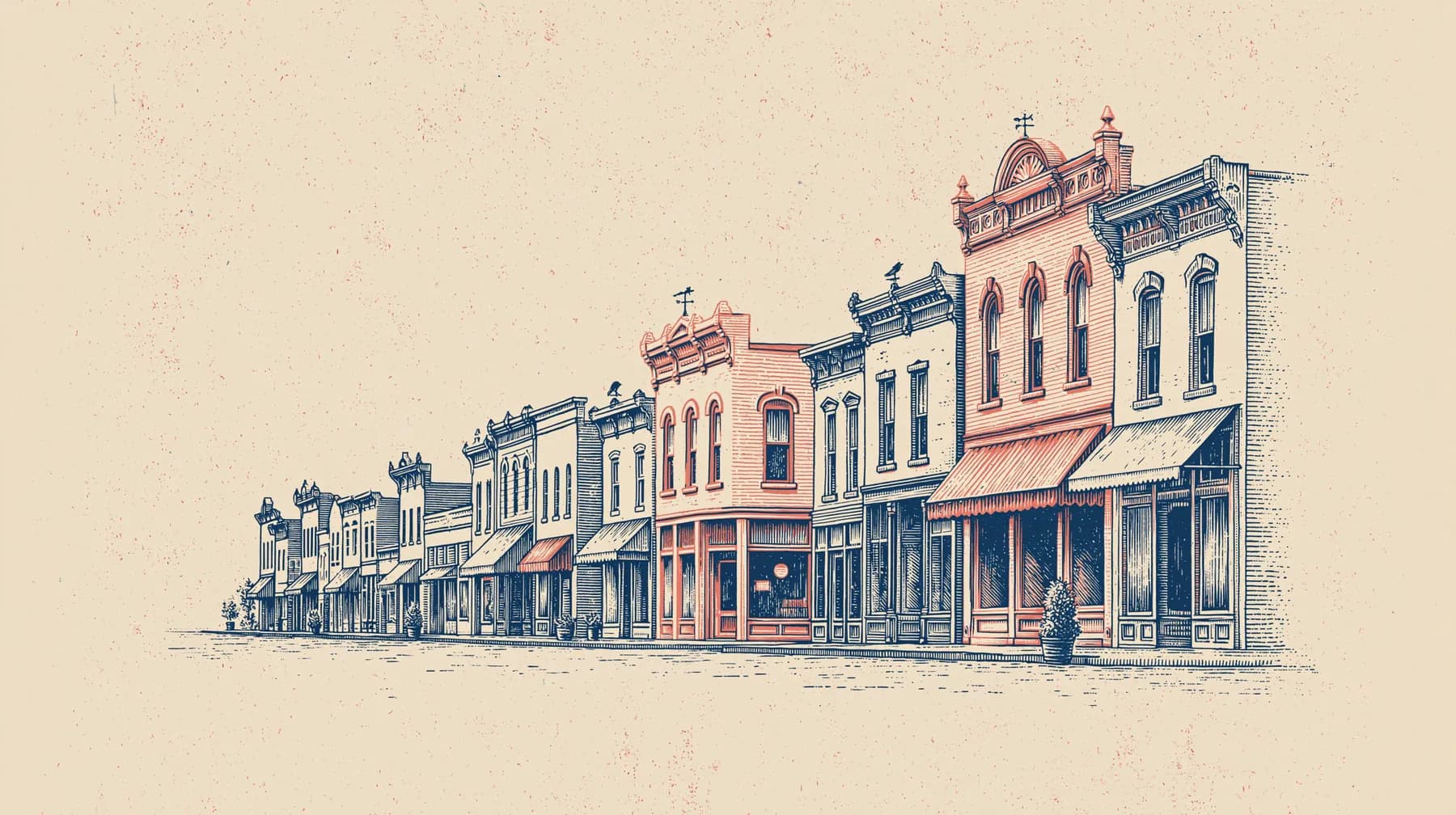 A street of local storefronts, one lit, drawn as a line-engraving plate