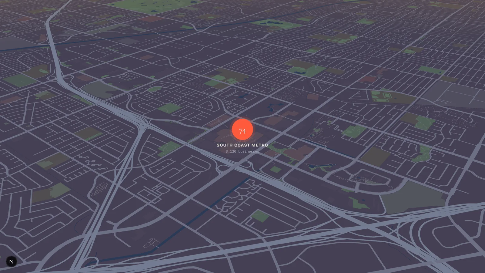 A dusk-lit 3D map of Orange County. A score bubble over each metro marks how often AI assistants name a local business there.